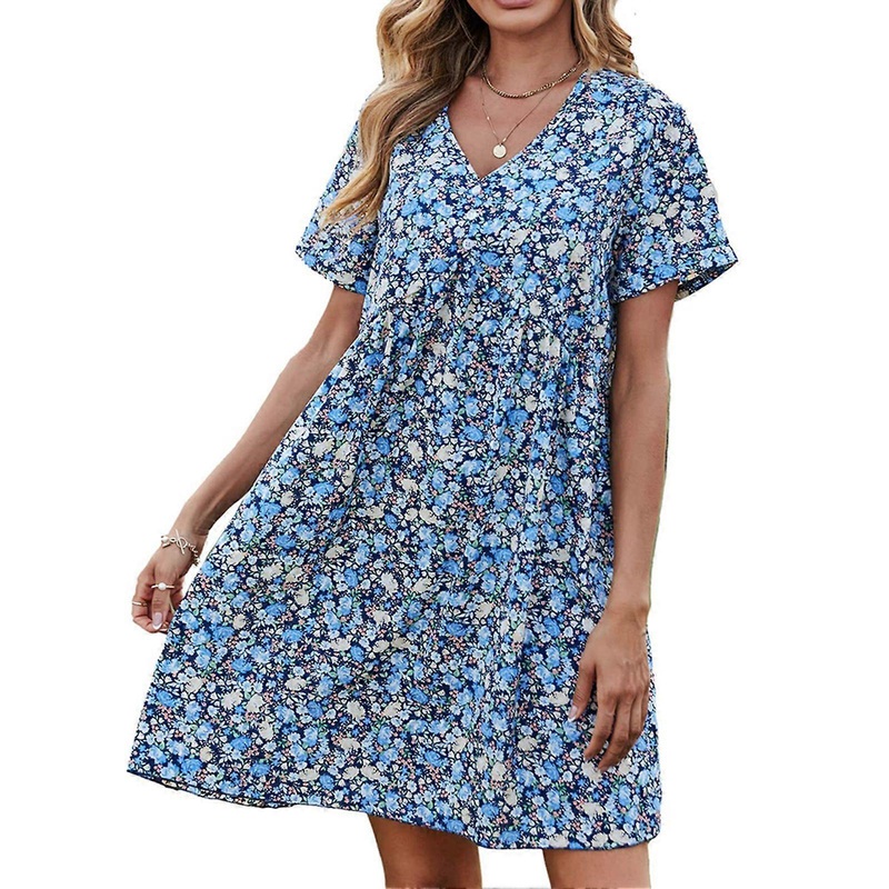 Women Short Sleeve Dress V Neck Floral Printing Button Front A Line Summer Casual Dress Blue L | Fruugo SG