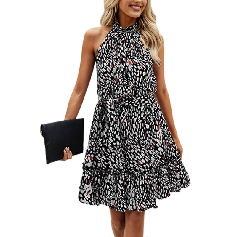 Women Sleeveless Neck-mounted Halter Dress Floral Print Knee Length Dress 2023 Printed Elastic Waist Women Casual Dress  Black XL | Fruugo SG
