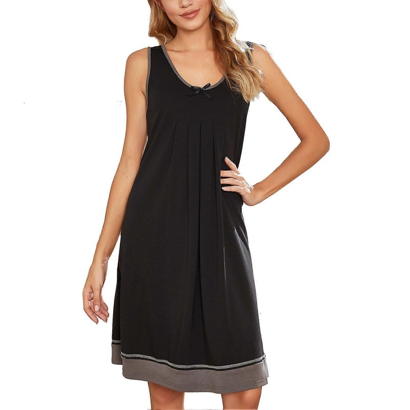 Women Sleeveless Nightgrown U Neck Pleated Color Blocking Bowknot Loose Breathable Loungewear Sleep Dress Black M_-sy_-sy | Fruugo SG