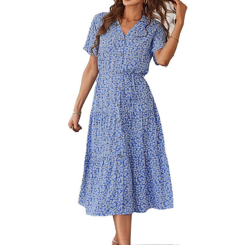 Women Summer Deep V Neck Casual Dress High Rise Lace Up Waist Short Sleeve Dress for Leisure Daily Life Blue XL_-sy_-sy | Fruugo SG