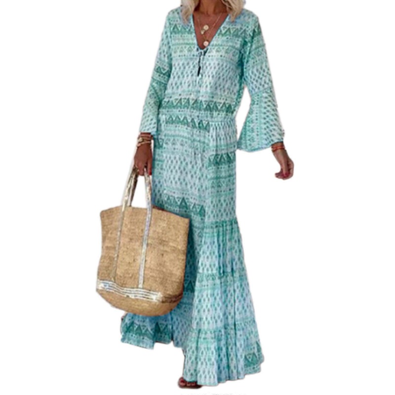 Women Summer Flare Long Sleeve Sexy V-Neck Lace-Up Maxi Long Swing Dress Bohemian Geometric Striped Print Ruffle Hem Loose Beach Sundress  light | Fruugo SG