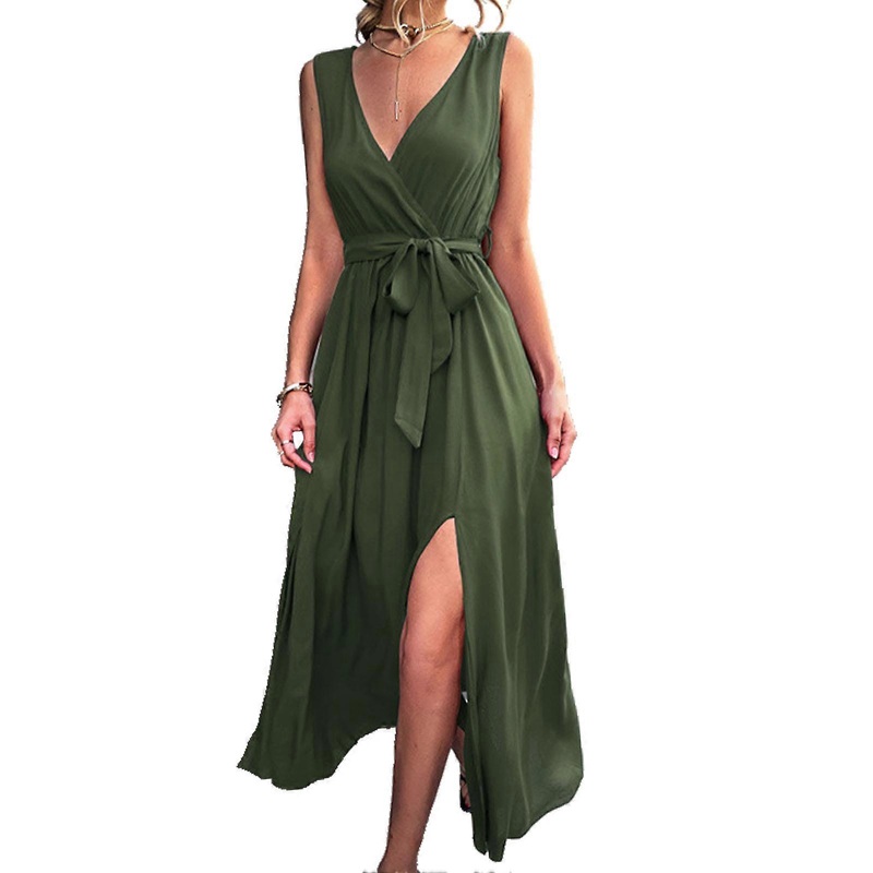 Women Summer Long Dress Sleeveless Deep V Neck Plain Color High Waist Side Slit Maxi Casual Dress with Belt Green S_-sy_-sy | Fruugo SG