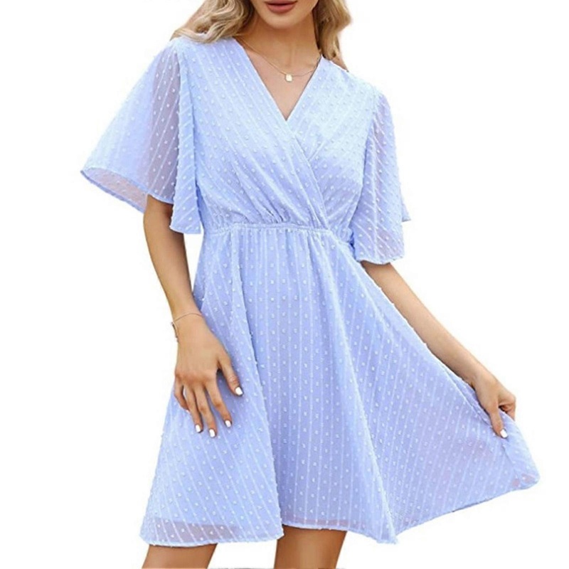 Women Summer Swiss Dot Dress V Neck Bell Sleeve Short Dress A Line Swing High Waist Dress Sky Blue XL | Fruugo SG