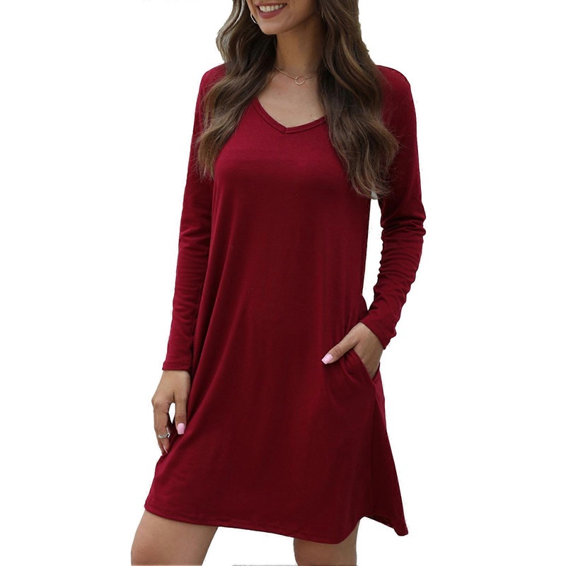Women V Neck Dress Casual Pure Color Dress Stylish Side Pockets Long Sleeves Dress Wine Red M | Fruugo SG