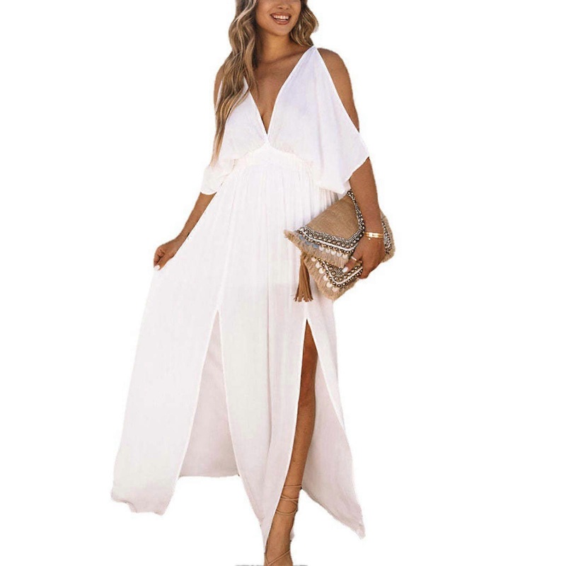 Women V Neck Dress Cold Shoulder Side Slit Backless Elastic High Waist Summer Maxi Dress White L | Fruugo SG