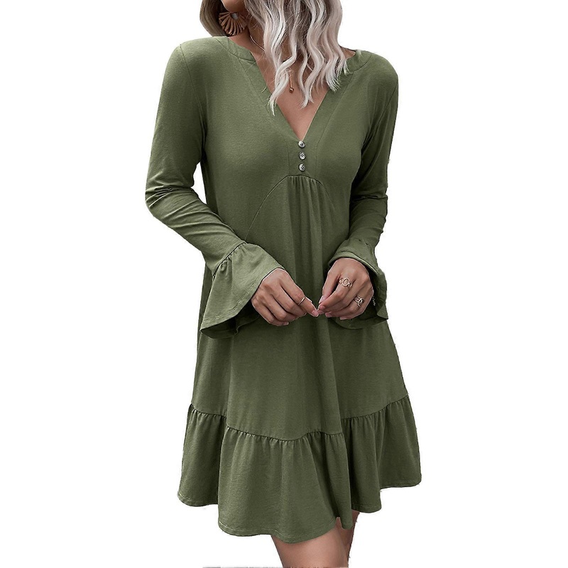 Women V Neck Dress Ruffle Pure Color Dress Stylish Button Front Long Sleeves Dress OD Green M_-sy_-sy | Fruugo SG