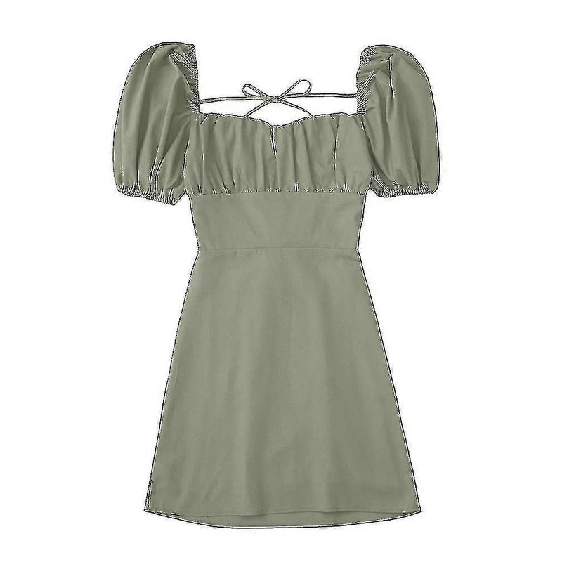 Women White Fashion Linen Blend Dress Female Square Neck Short Puff Sleeves Backless Crossover Straps Dress For Women’s-csn | Fruugo SG