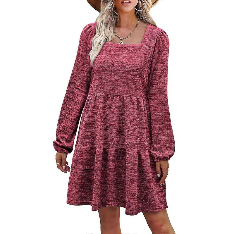 Womens Puff Long Sleeve Casual Loose Square Neck Midi Dress Solid Color High Waist Tiered Ruffled A-Line Tunic Dresses  Red XL | Fruugo SG