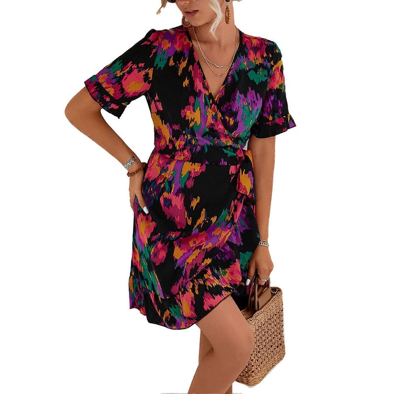 Womens Short Sleeve Dress Wrap V Neck Tie Waist Ruffle Hem Floral Printed Summer Dress Black S_-sy_-sy | Fruugo SG