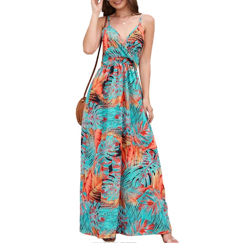 Womens Slip Dress Bohemian Style Spaghetti Strap V Neck High Waist Flower Prints Maxi Dress for Party Wedding Travel Orange S_-sy_-sy | Fruugo SG