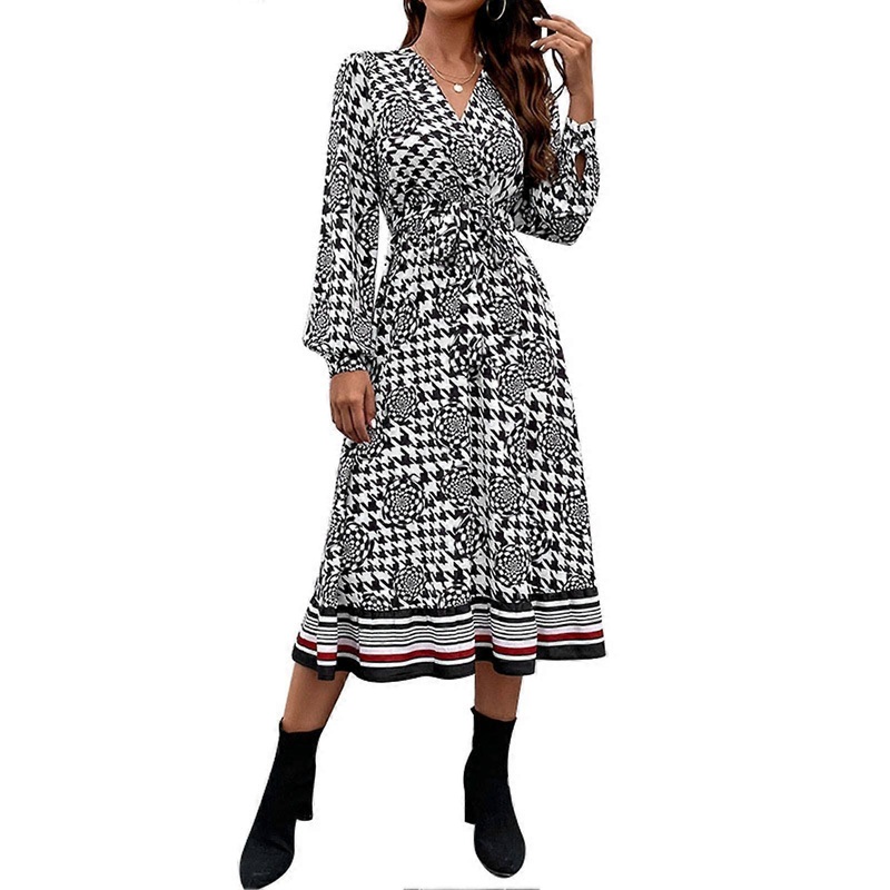 Wrap V Neck Long Puff Sleeve Dress Women Elegant Fashionable Belted Print Dress for Office Work Dating Black S_-sy_-sy | Fruugo SG