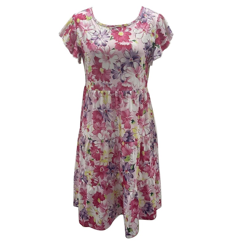 2023 Summer Spring New Dress Short Sleeves Flower Printed Midi Dress V-neck Loose Fit Women Casual Wearing Clothing  Pink XXL | Fruugo SG