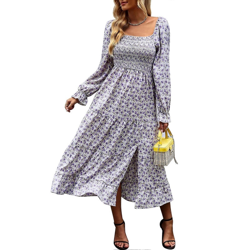 Boho Floral Print A Line Dress Long Sleeve Square Neck Tube Ruffle Hem High Waist Midi Dress Purple XL | Fruugo SG