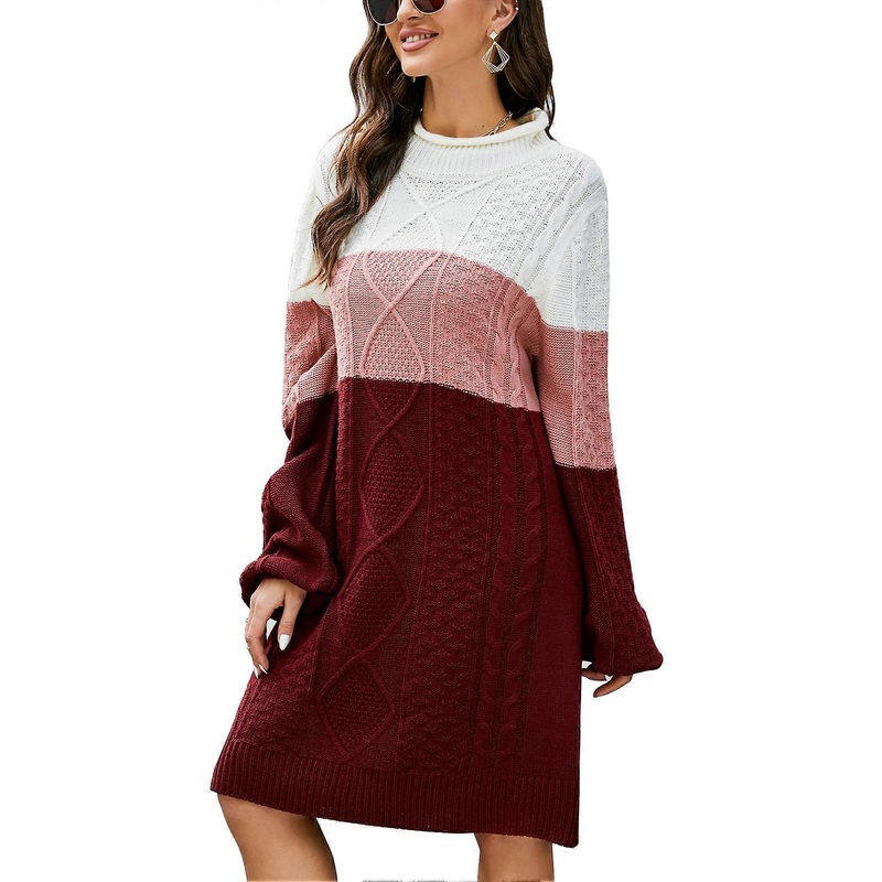 Color Block Sweater Dress for Women Round Neck Loose Fashionable Long Sleeve Sweater Dress for Daily Wear Wine Red S_-sy_-sy | Fruugo SG