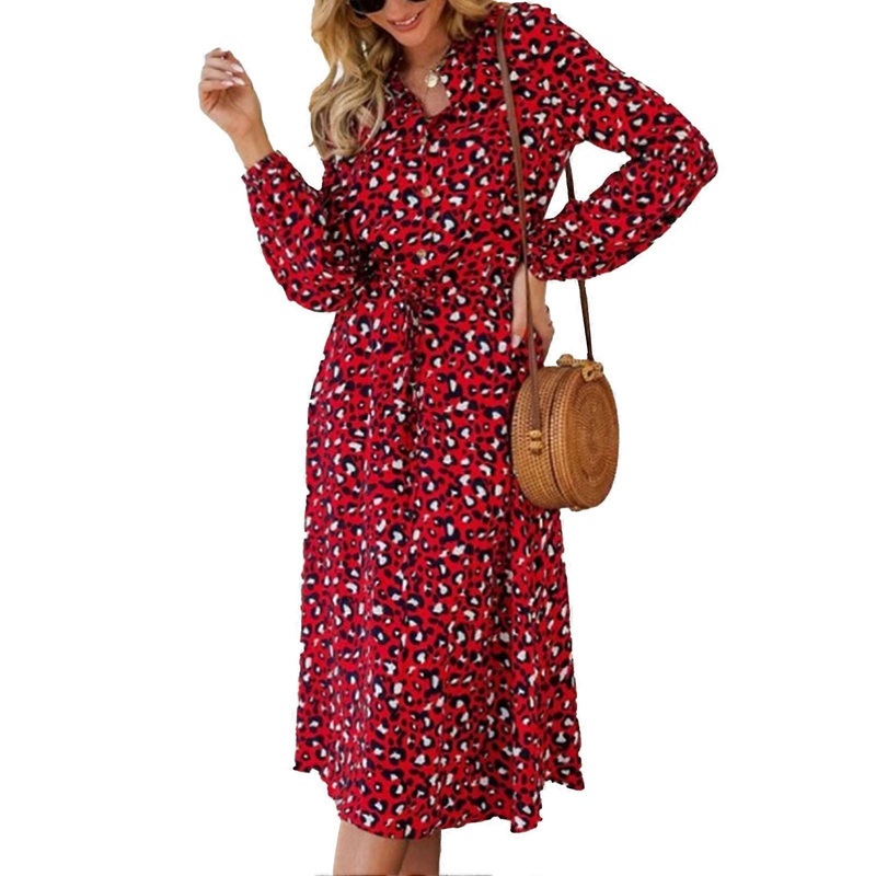 Dress Leopard Stand Collar Floral Print Long Lantern Sleeve Medium Length Dress for Lady Red M | Fruugo SG