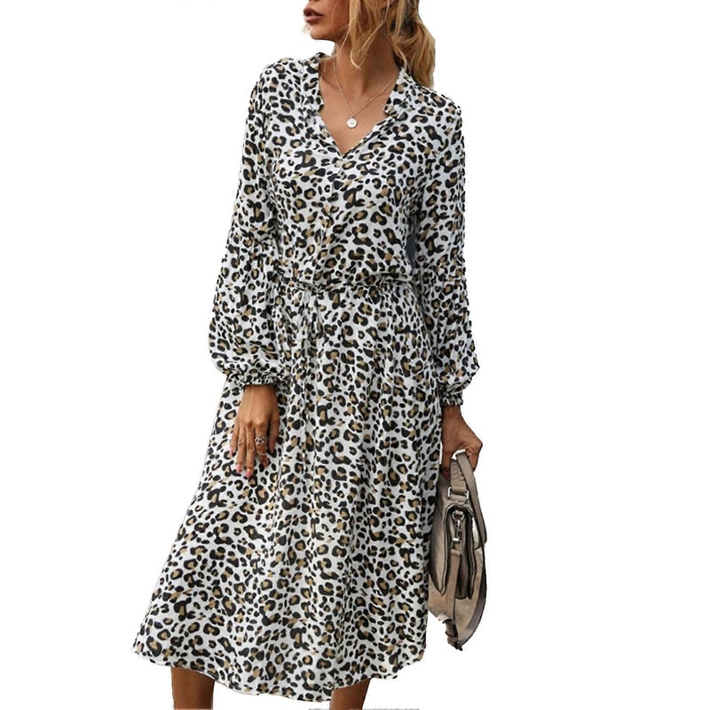 Dress Leopard Stand Collar Floral Print Long Lantern Sleeve Medium Length Dress for Lady White L_-sy_-sy | Fruugo SG