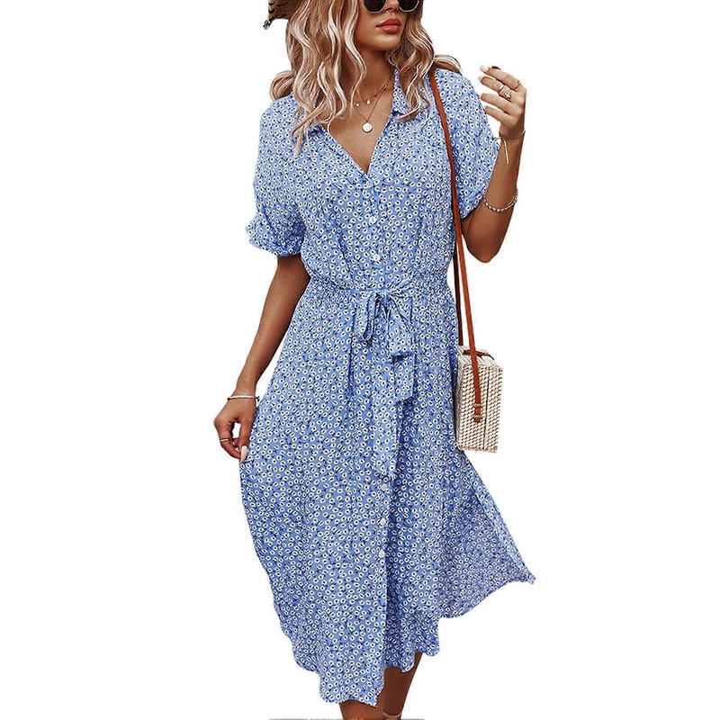 Dress Printed Casual Charming Elegant Swing Floral V Neck Tie Waist Dress for Lady Blue M | Fruugo SG