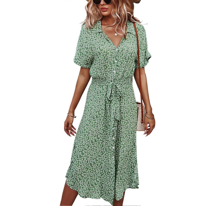 Dress Printed Casual Charming Elegant Swing Floral V Neck Tie Waist Dress for Lady Green M | Fruugo SG