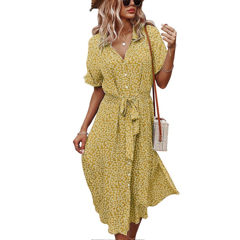 Dress Printed Casual Charming Elegant Swing Floral V Neck Tie Waist Dress for Lady Yellow XL | Fruugo SG