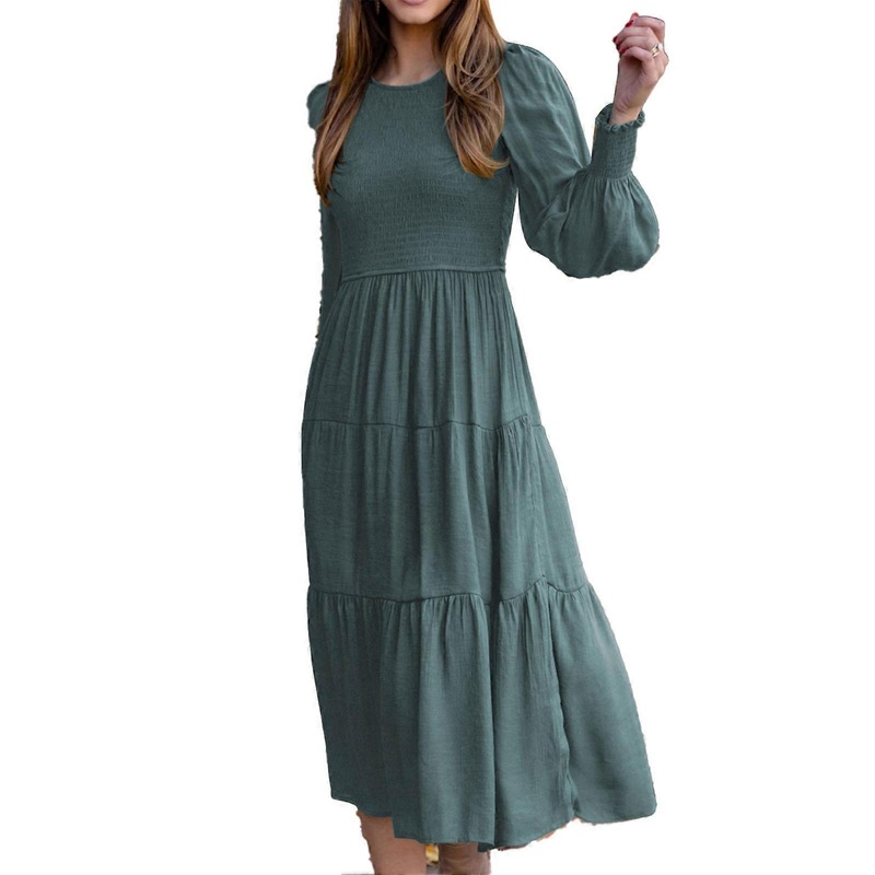 Dress Shirred Bust Cuff Plain Lantern Sleeves Stylish Comfortable Mid Length Women Dress Green M_-sy_-sy | Fruugo SG