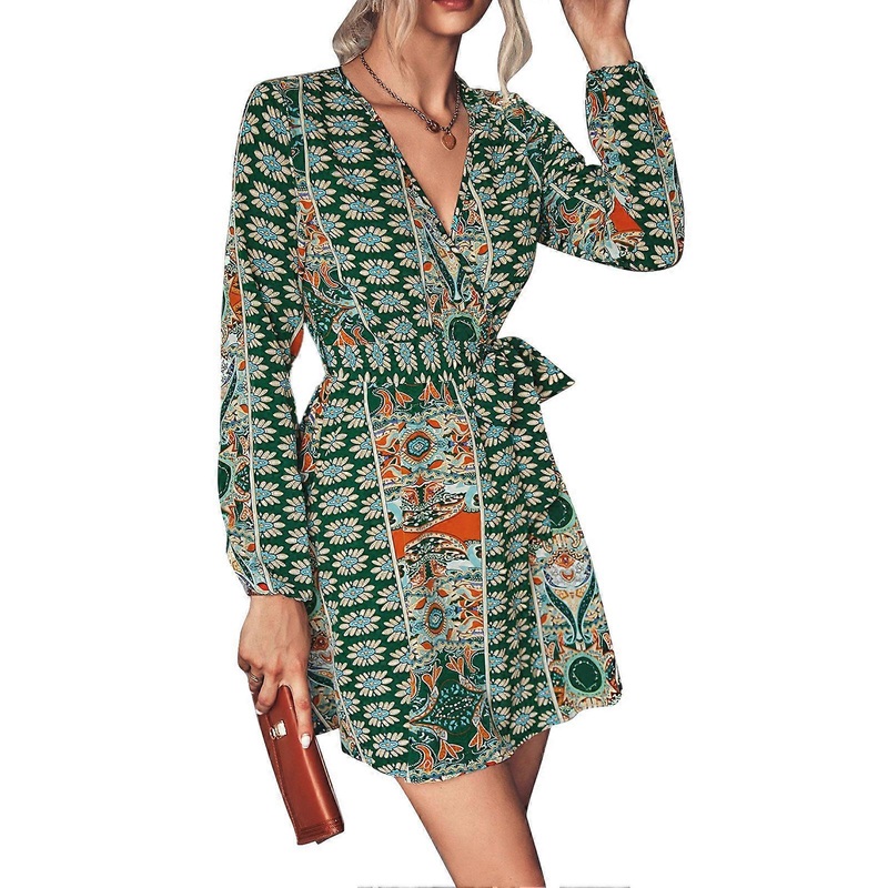 Dress V Neck Long Sleeve Floral Print Tie Waist Fashionable Casual Dress for Women Green S_-sy_-sy | Fruugo SG