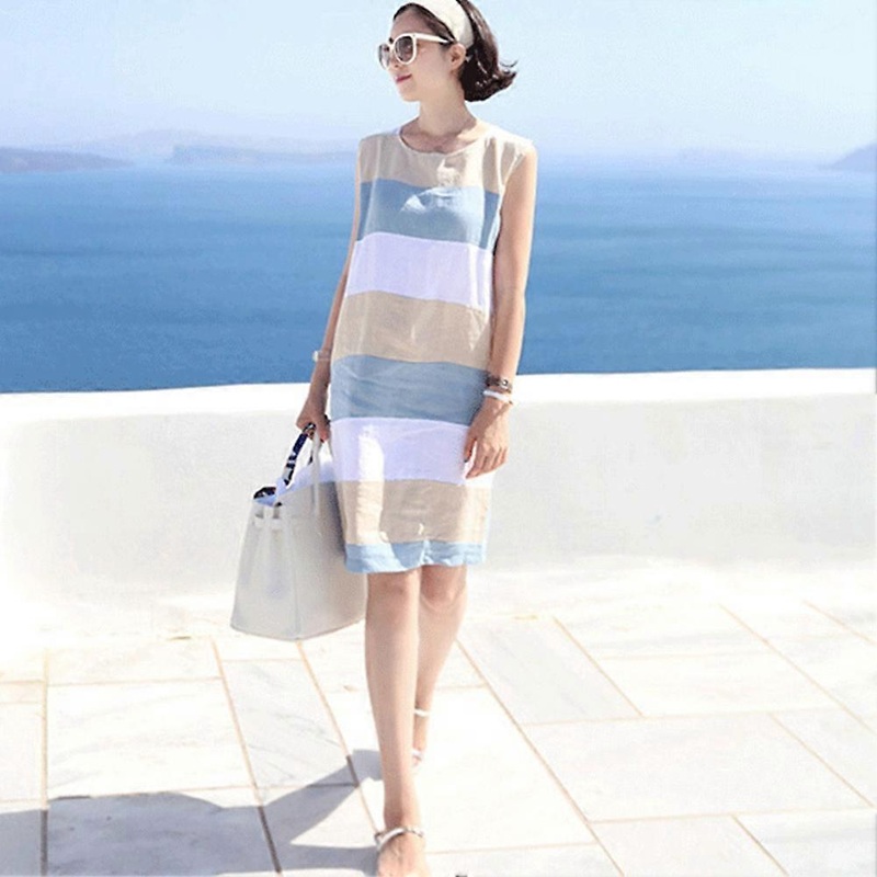 Fashion Women Contrast Color Dress Round Neck Sleeveless Knee Length Cotton Dress (L) | Fruugo SG
