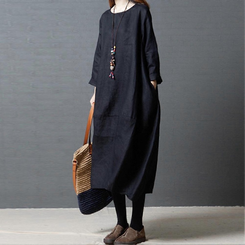 Fashion Women Lady Round Neck Loose Solid Color Dress for Spring Summer (Black XL) | Fruugo SG