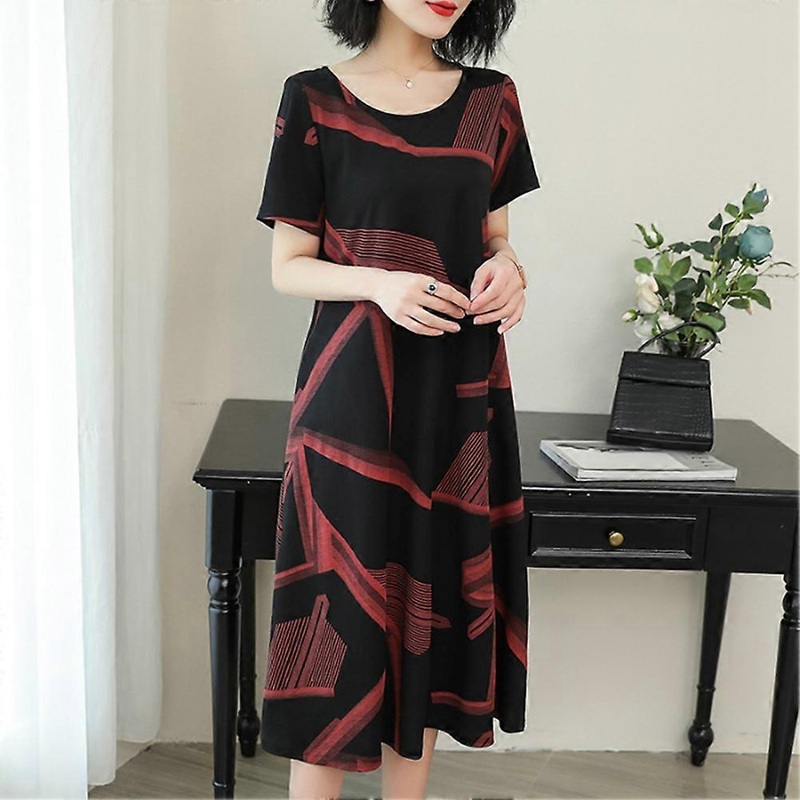 Fashion Women Short Sleeve Printed Round Neck Loose Dress Spring Summer with Pocket (Red L) | Fruugo SG