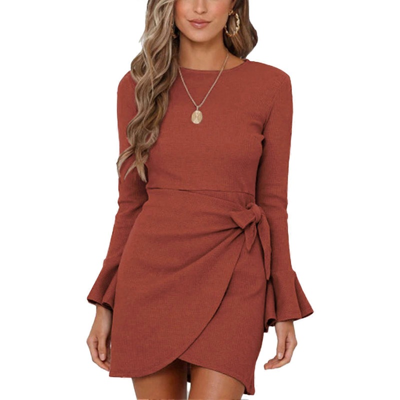 Flared Long Sleeve Bow Belted Dress Round Neck Slim Fit Bodycon Waffle Knit High Waist Midi Dress for Party Brick Red M_-sy_-sy | Fruugo SG