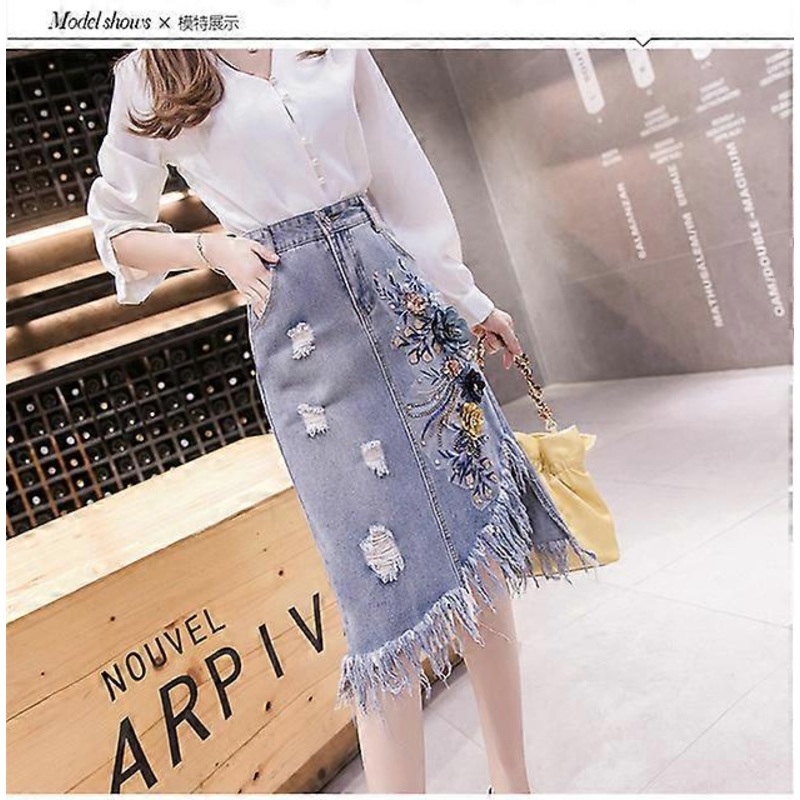 JWL-Women Autumn Fashion Brand Korea Style Three-dimensional Flowerr Patchwork Hole Tassel Skirt Female Denim Irregular Skirt Cloth | Fruugo SG