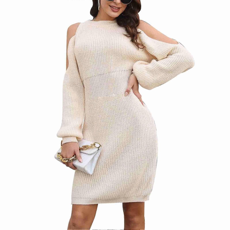 Knitted Dress Open Shoulder Lantern Sleeves Waist Tightening Pure Color Fashionable Comfortable Loose Dress Apricot S | Fruugo SG