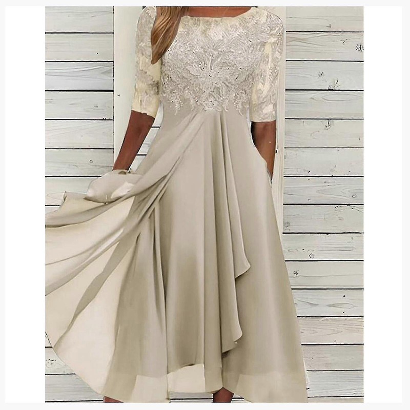 Lace Appliques Dress Midi Short Sleeve Evening Dresses Casual All Match Dress For Wedding | Fruugo SG