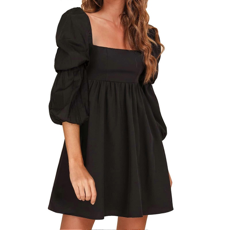 Long Puff Sleeve A Line Dress Casual High Waist Elastic Cuff Square Neck Pleated Short Dress for Party | Fruugo SG
