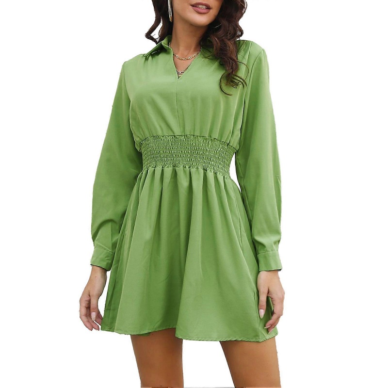 Long Sleeve Dress V Neck Pure Color Shirt Collar Polyester Fiber Womens Shirred Dress for Party Office Dating Grass Green L_-sy_-sy | Fruugo SG