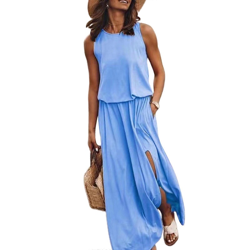 Maxi-Dress for Women Summer-Dresses 2023 A-Line Sleeveless Flowy Dresses Solid Boho-Beach O-Neck Womens Split Dresses  Sky Blue XL | Fruugo SG
