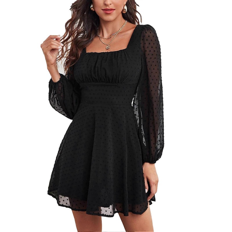 Mesh Long Sleeve Dress High Waist Multi Layer Solid Color Dress Back Zip Design for Women Black S | Fruugo SG