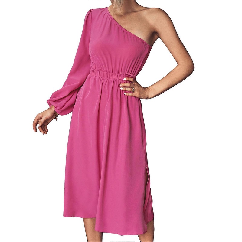 Midi Length Dress One Shoulder Pure Color Long Sleeves High Waist A Line Casual Fit Dress Rose Red L_-sy_-sy | Fruugo SG