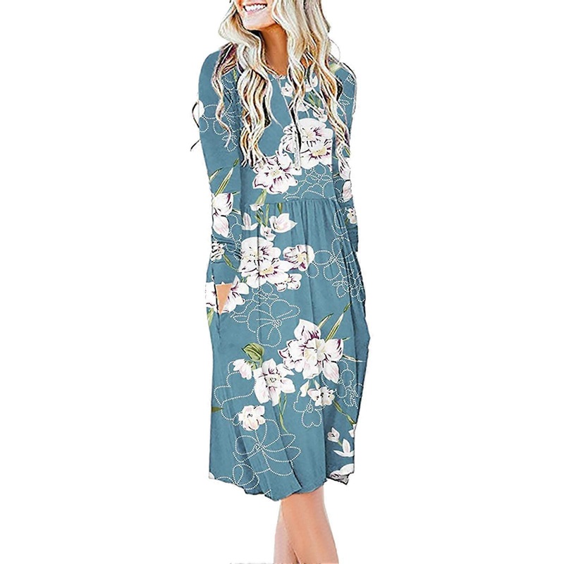 Midi Length Dress Round Neck Fashionable Stylish Long Sleeve Printing Pocket Loose Fit Dress Type 2 XXL | Fruugo SG