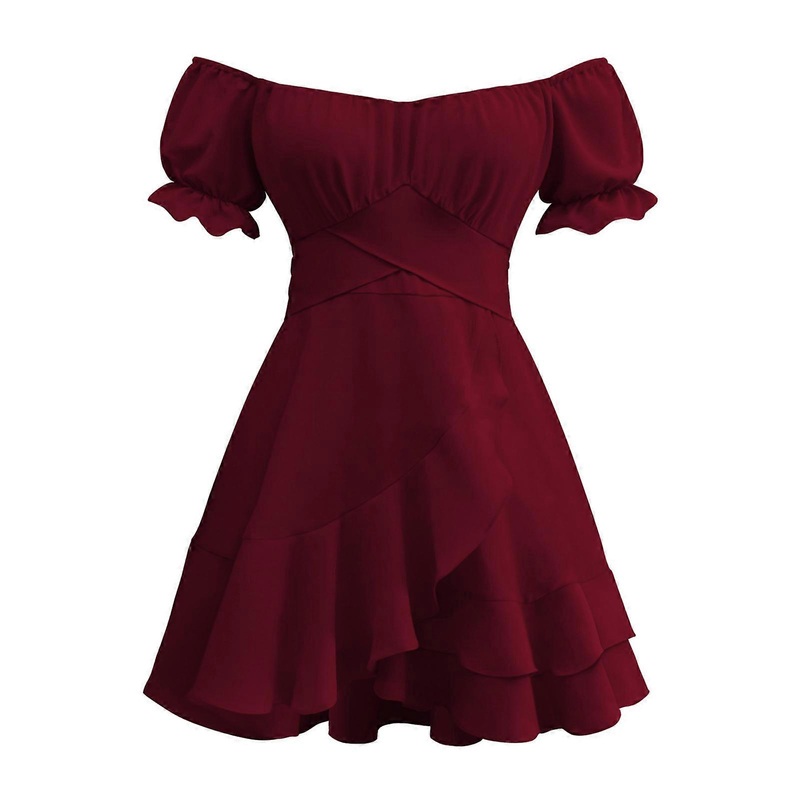 Off Shoulder Dress Ruffle Hem Balloon Sleeve High Waist Polyester Fiber Summer Dress for Party Club Wine Red XL | Fruugo SG