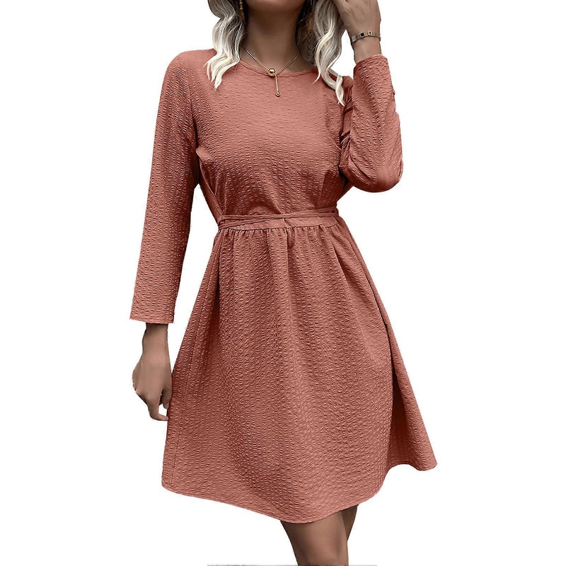 Round Neck Long Sleeve Dress Polyester Fiber High Waist Belted Pure Color Midi Dress for Wedding Pink M_-sy_-sy | Fruugo SG