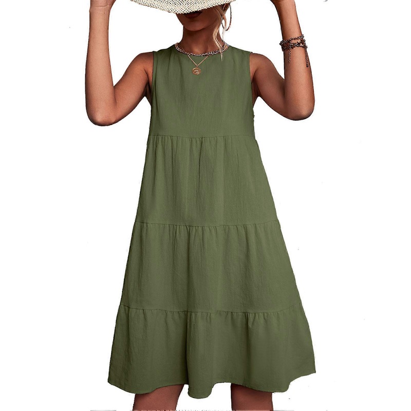 Round Neck Tiered Dress Women Solid Elegant Casual Loose Hem Sleeveless Dress for Party Daily Life OD Green XL_-sy_-sy | Fruugo SG