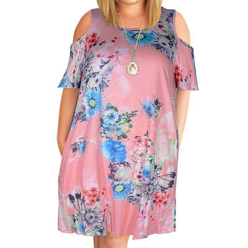 Round Neck Women Midi Dress Short Sleeve Sexy Cold Shoulder Boho Floral Print Loose Flowy Casual Beach Party Sundress  Pink 7XL | Fruugo SG