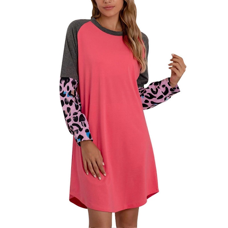 Short Dress Round Neck Stylish Color Block Leopard Print Stitching Casual Fit Dress for Shopping Red L_-sy_-sy | Fruugo SG