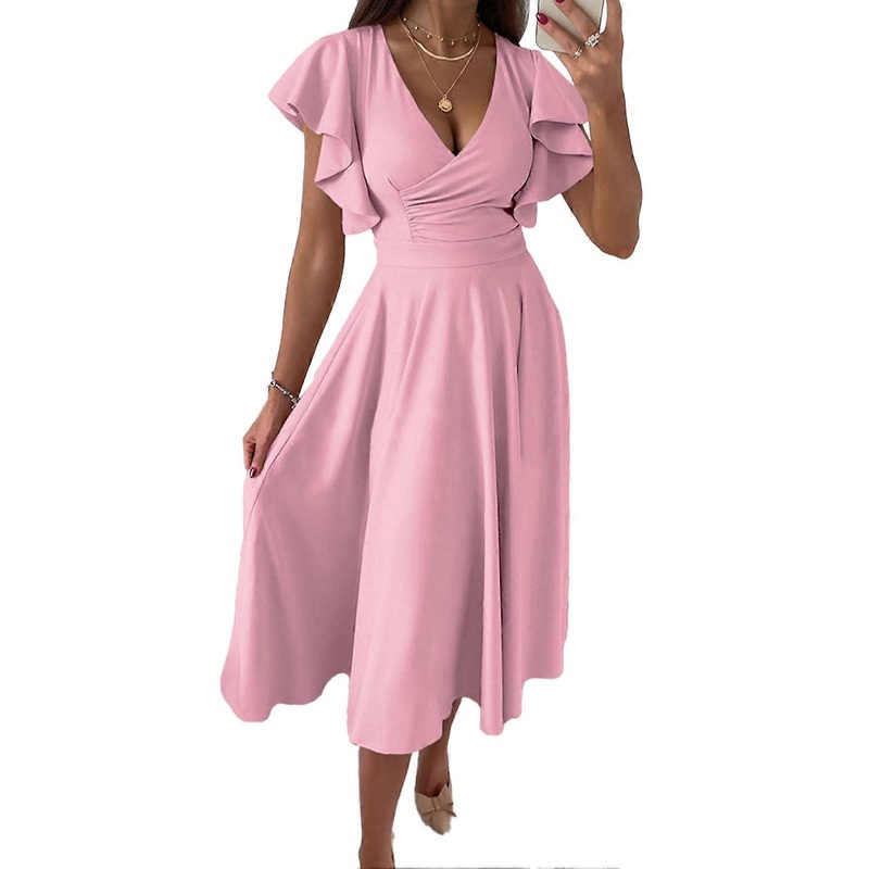 Short Ruffle Sleeve Dress Women Stylish Elegant Pure Color Wrap V Neck Waist Gathered Midi Dress for Work Pink S | Fruugo SG