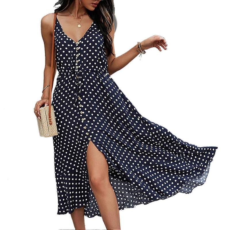 Strap Dress V Neck High Waist Loose Hemline Backless Front Split Dot Floral Long Dress for Daily Party Beach Dark Blue S | Fruugo SG