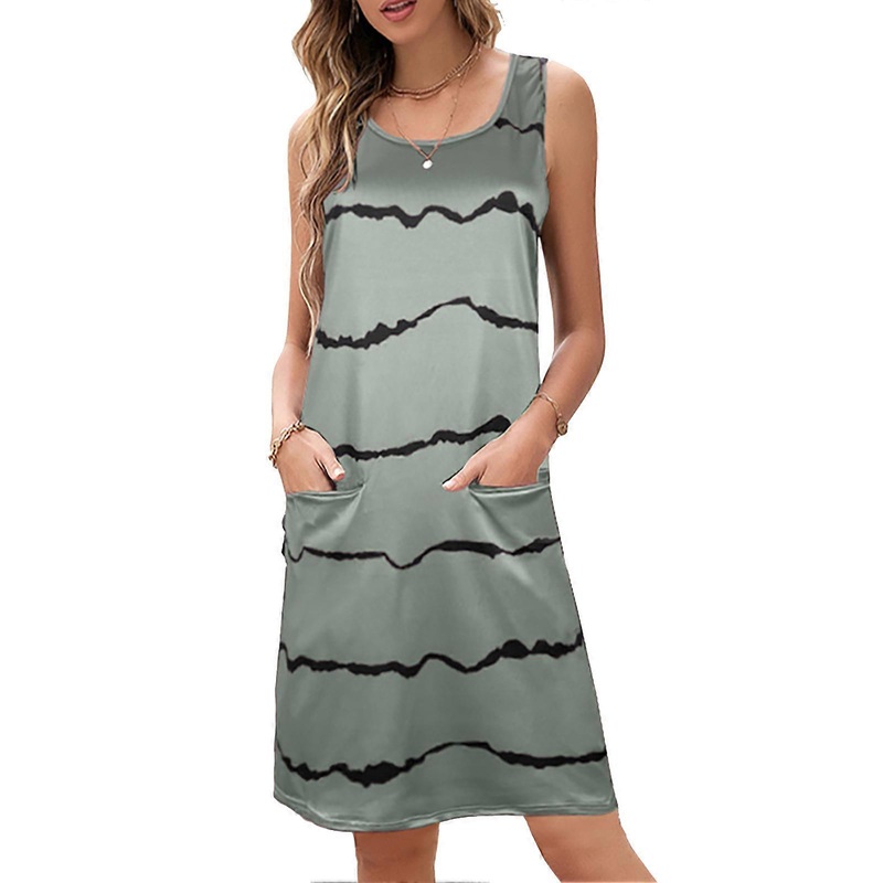 Stripe Sleeveless Dress Casual Loose Sides Pockets Simple Crewneck Summer Stripe Dress Light Gray S | Fruugo SG
