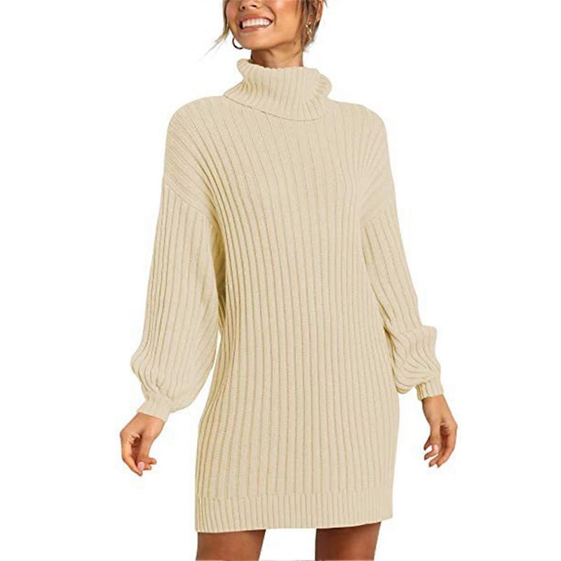 Sweater Dresses High Collar Long Lantern Sleeves Pullover Casual Loose Dress for Women Apricot XL_-sy_-sy | Fruugo SG