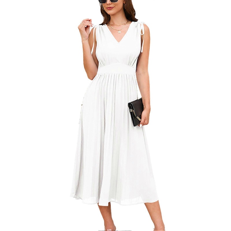 V Neck Drawstring Tie Shoulder Dress Women Pure Color Sleeveless Waist Gathered Pleated A Line Dress White XL_-sy_-sy | Fruugo SG