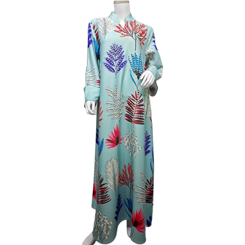 Woman Loose Robe Moroccan Caftan Middle East Dress Islamic Robe Beading Printed Kaftan Muslims Dress Ramadan Party Dress  Blue XXL | Fruugo SG