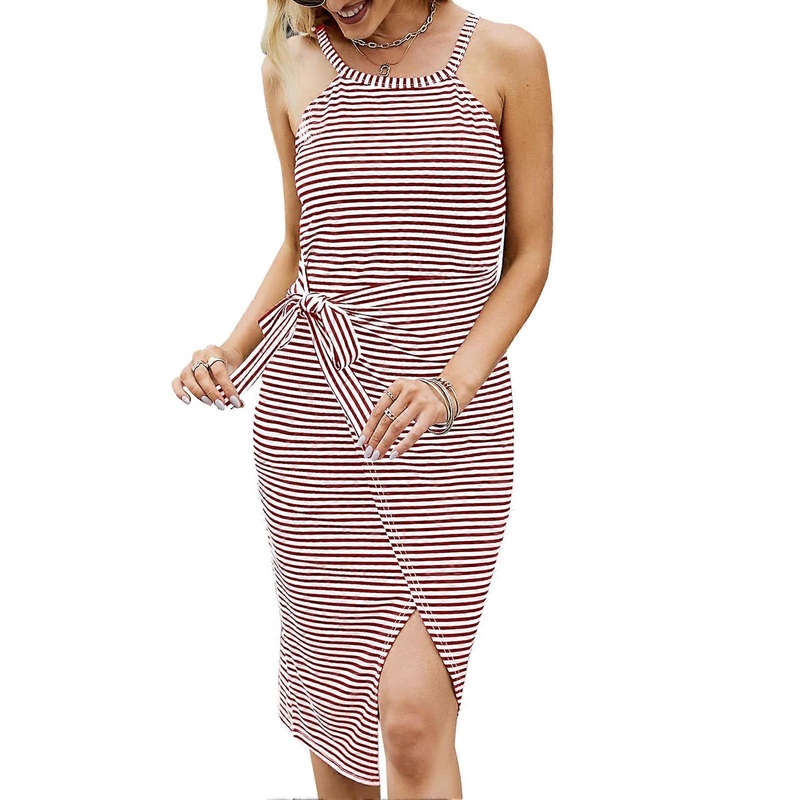Women Casual Sleeveless Dress Striped Vest T Shirt Dress Waist Tie Design for Summer Pink and White XL | Fruugo SG